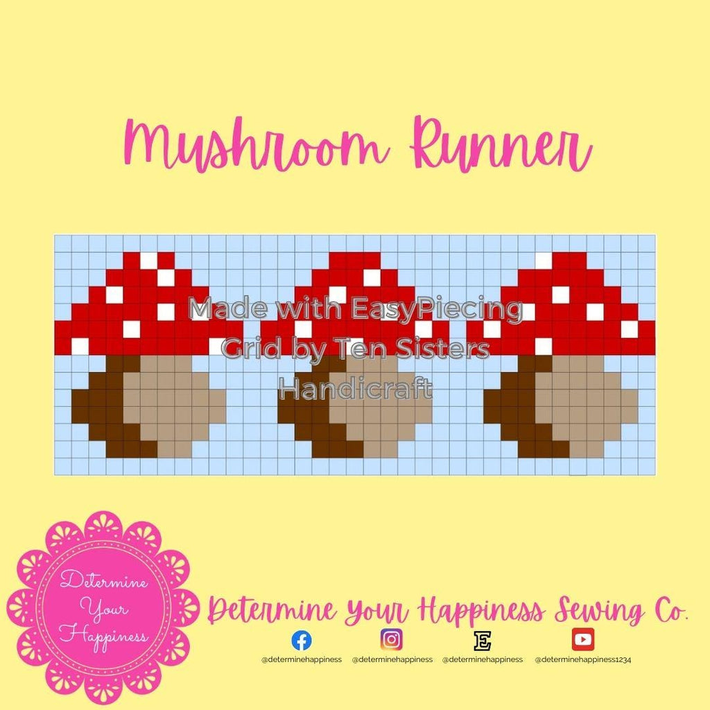 Mushrooms Table Runner Pattern comes with 4 Panels of EasyPiecing Grid by TenSisters Handicraft Printed foundation Quilting and Sewing Grid