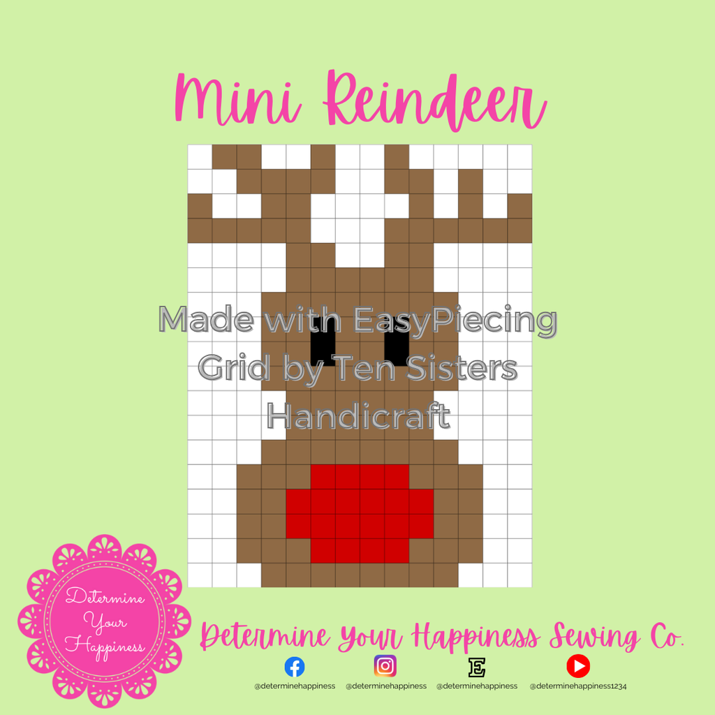 Christmas Mini Reindeer Pattern comes w/ 2-panels of EasyPiecing Grid by Ten Sisters Handicraft Printed foundation Grid Quilting Sewing Grid