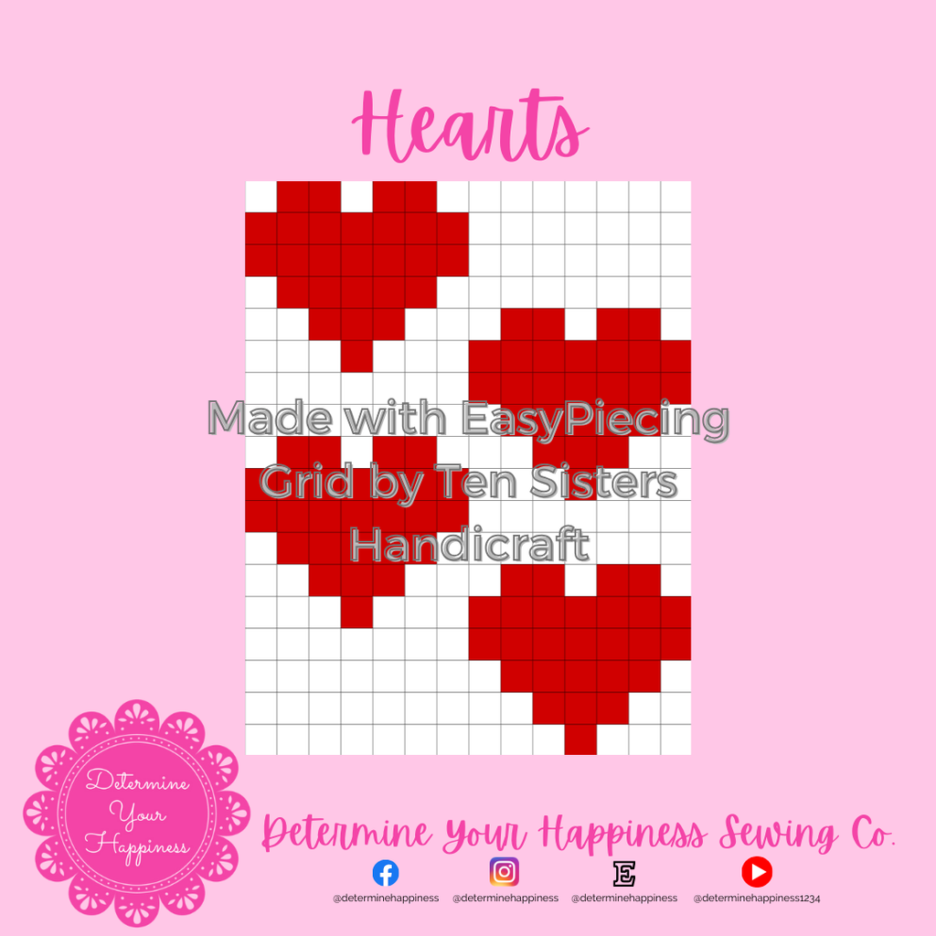 Valentine Hearts Pattern comes w/ 2 panels of EasyPiecing Grid by Ten Sisters Handicraft Printed foundation Grid Quilting Sewing Grid