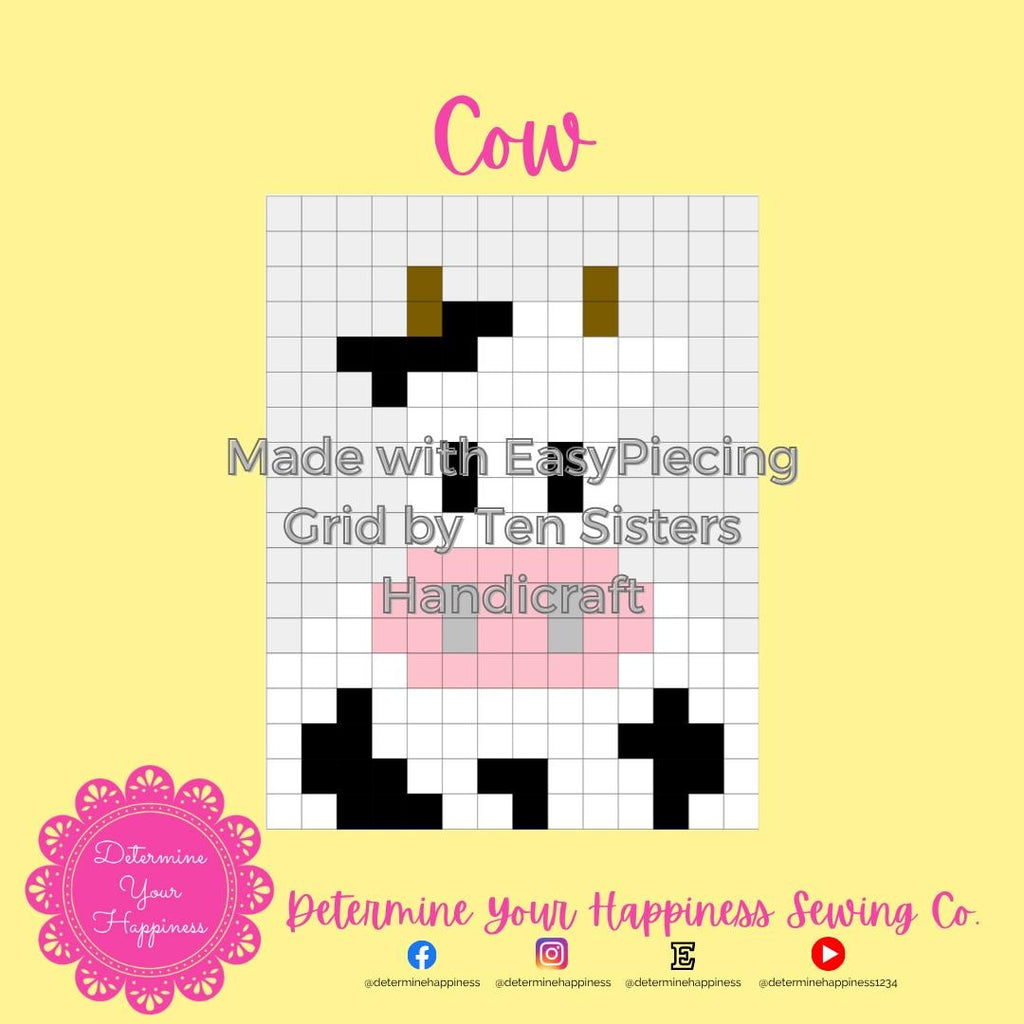 Farm Animals COW  Pattern comes with 2panels of EasyPiecing Grid by Ten Sisters Handicraft Printed foundation Grid Quilting Sewing Grid