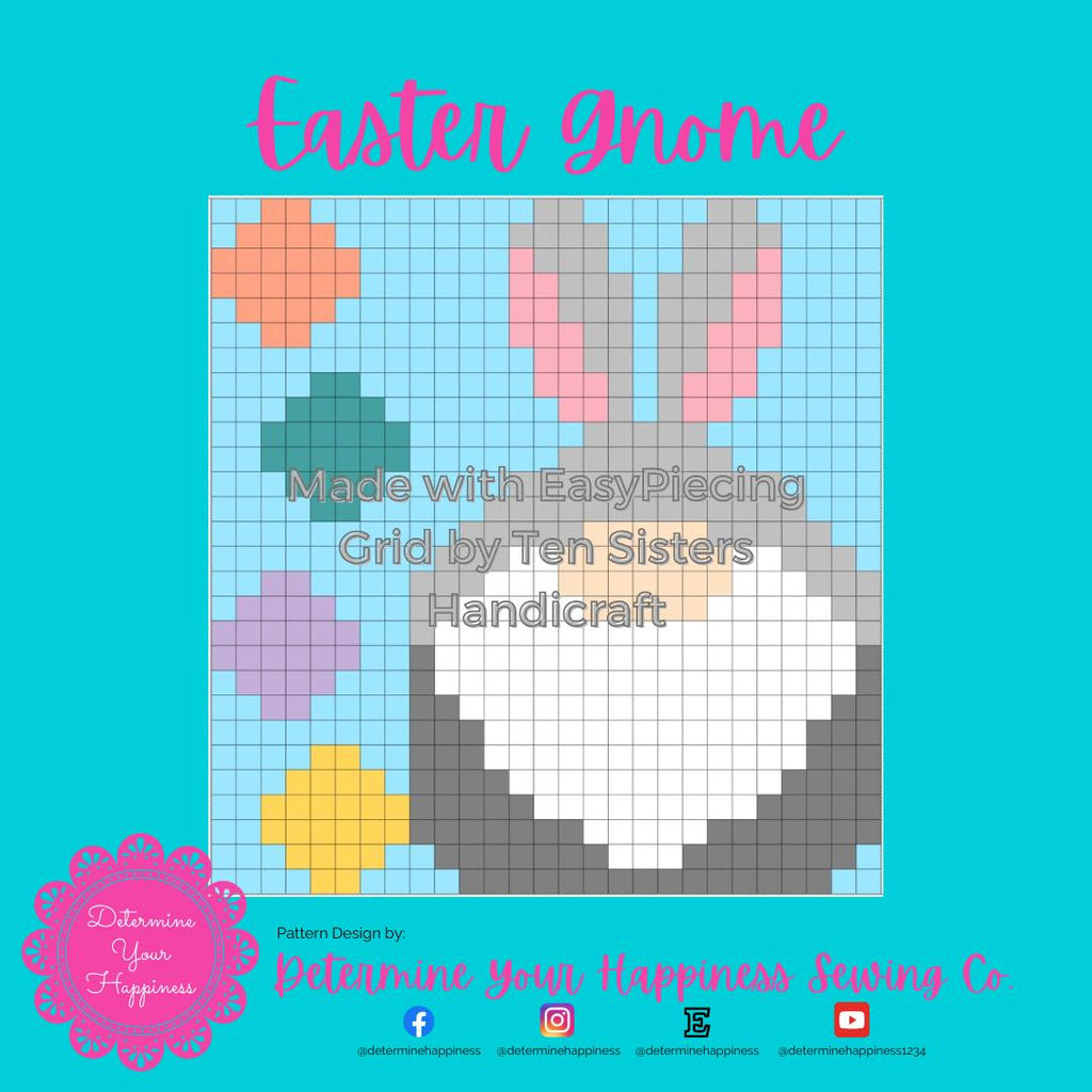 Easter Bunny Gnome Pattern comes with 6 panels of EasyPiecing Grid by Ten Sisters Handicraft Printed foundation, Grid Quilting Sewing Grid