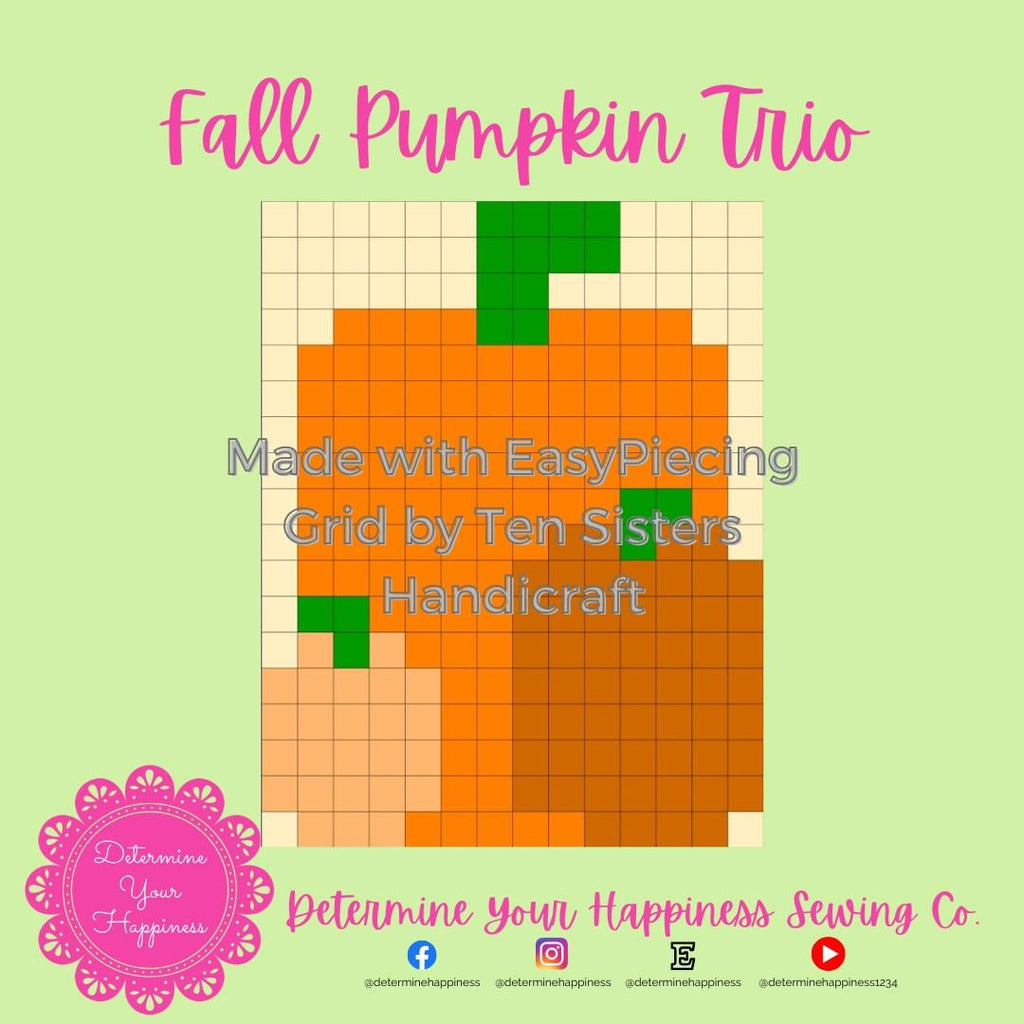 Fall Pumpkin Trio Pattern comes with 2-panels EasyPiecing Grid from Ten Sisters Handicraft. Printed foundation, Grid Quilting, Sewing Grid.