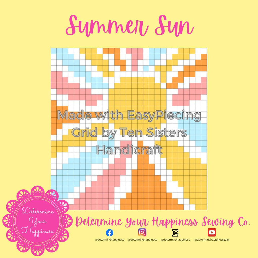 Summer Sun Pattern comes with 6-panels of EasyPiecing Grid by Ten Sisters Handicraft Printed foundation, Grid Quilting Sewing Grid