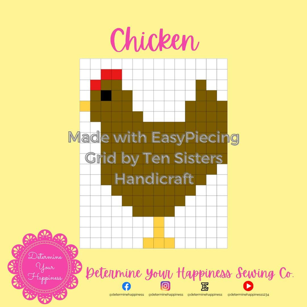 Farm Animals CHICKEN  Pattern comes with 2panels of EasyPiecing Grid by Ten Sisters Handicraft Printed foundation Grid Quilting Sewing Grid