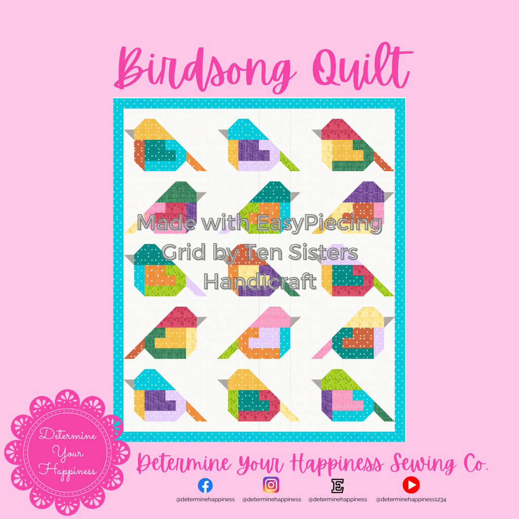 Birdsong Quilt Pattern with EasyPiecing Grid - Easy 7-Panel Spring Bird Quilt