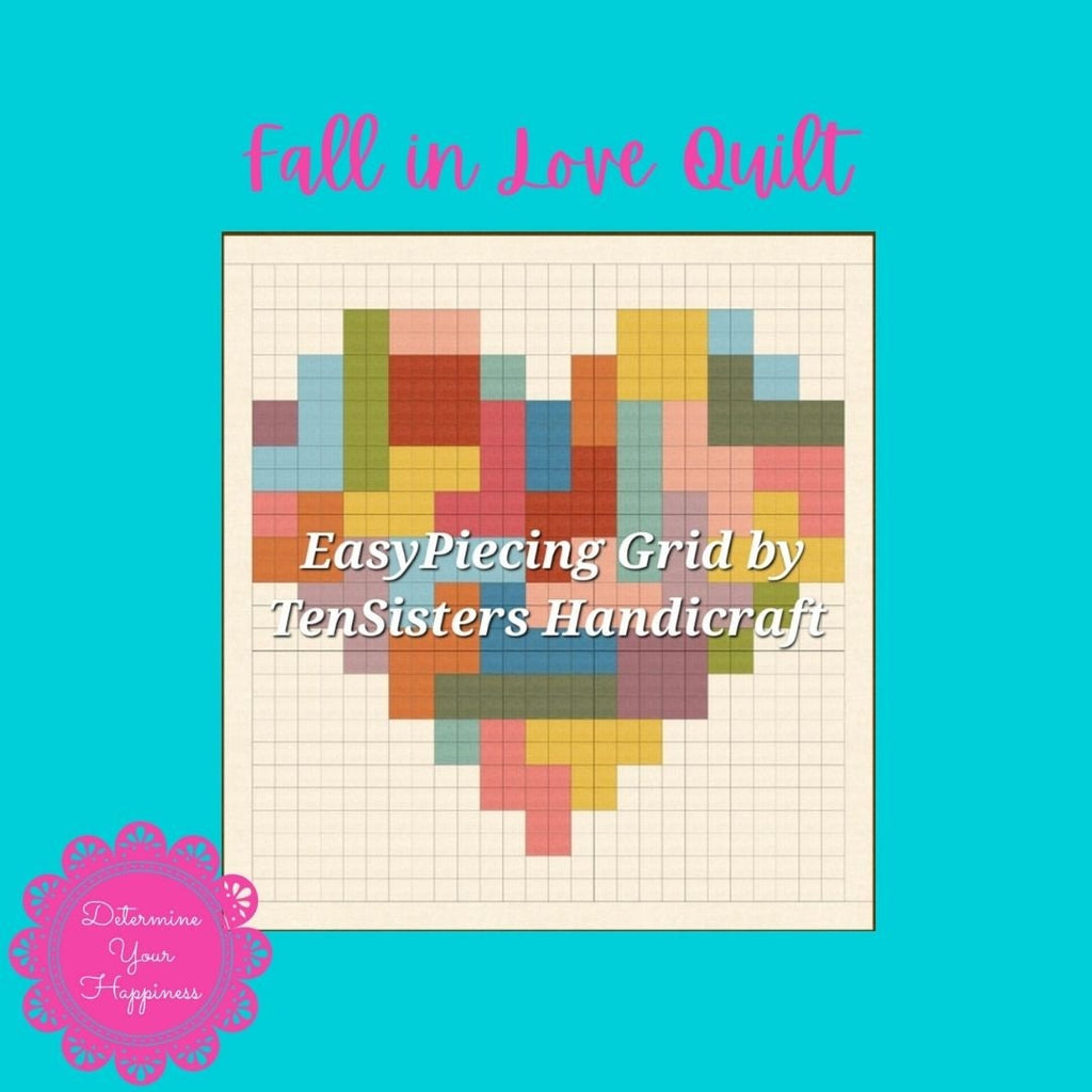 Colorful quilt pattern with text on a blue background