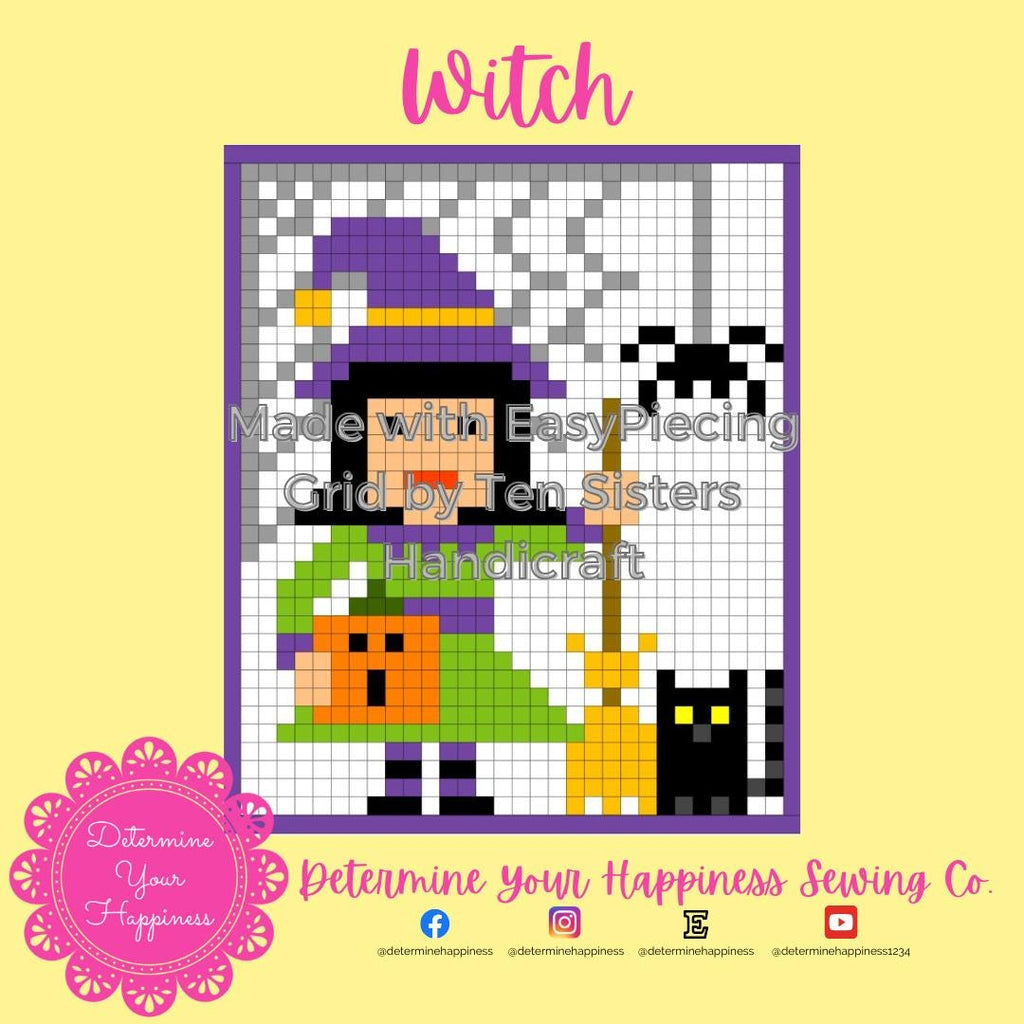 Halloween Witch Quilt Pattern comes w/ 9 panels of EasyPiecing Grid by Ten Sisters Handicraft Printed foundation Grid Quilting Sewing Grid