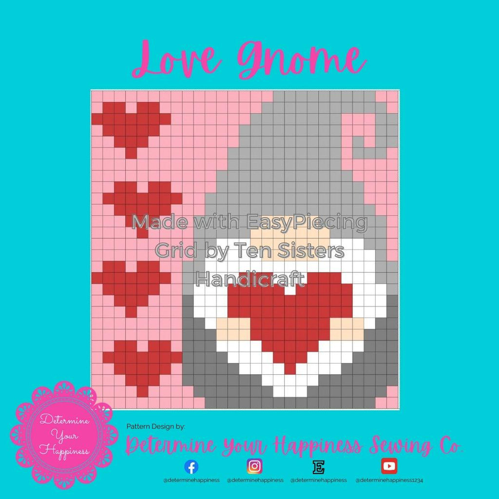 Valentine's Gnome Pattern comes with 6 panels of EasyPiecing Grid by Ten Sisters Handicraft Printed foundation, Grid Quilting Sewing Grid