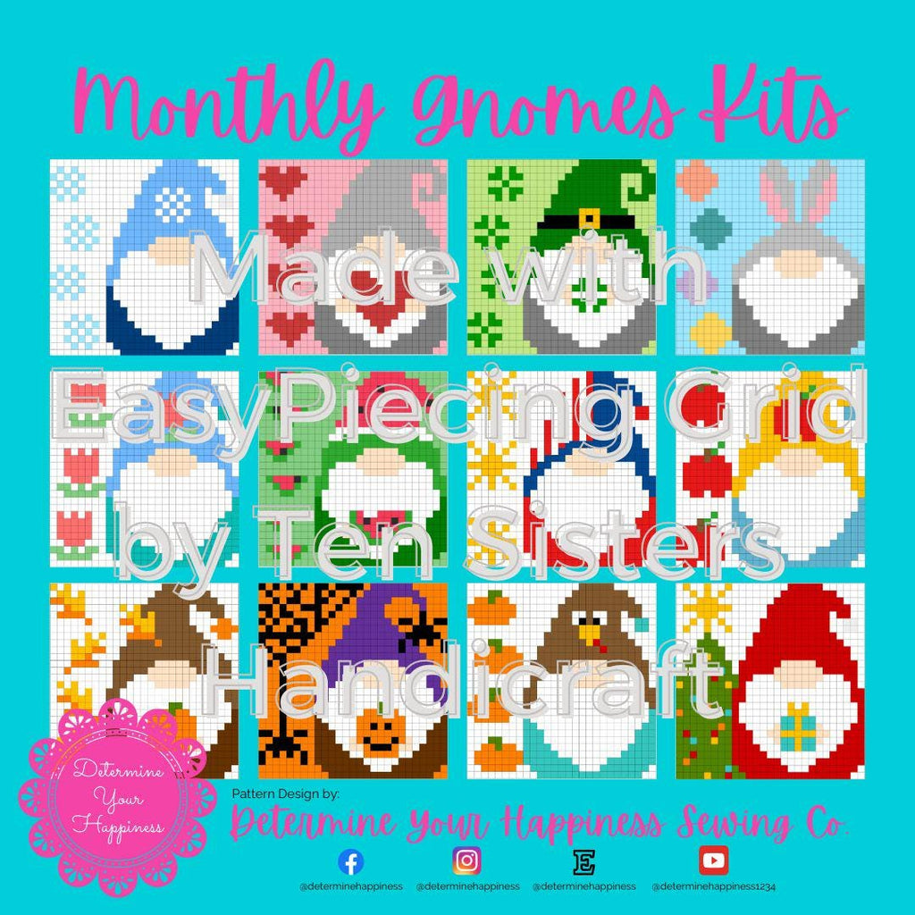 Monthly Gnome Table Topper Kit-Pattern, Fabric and EasyPiecing Grid -Beginner Friendly, Easy Foundation Piecing