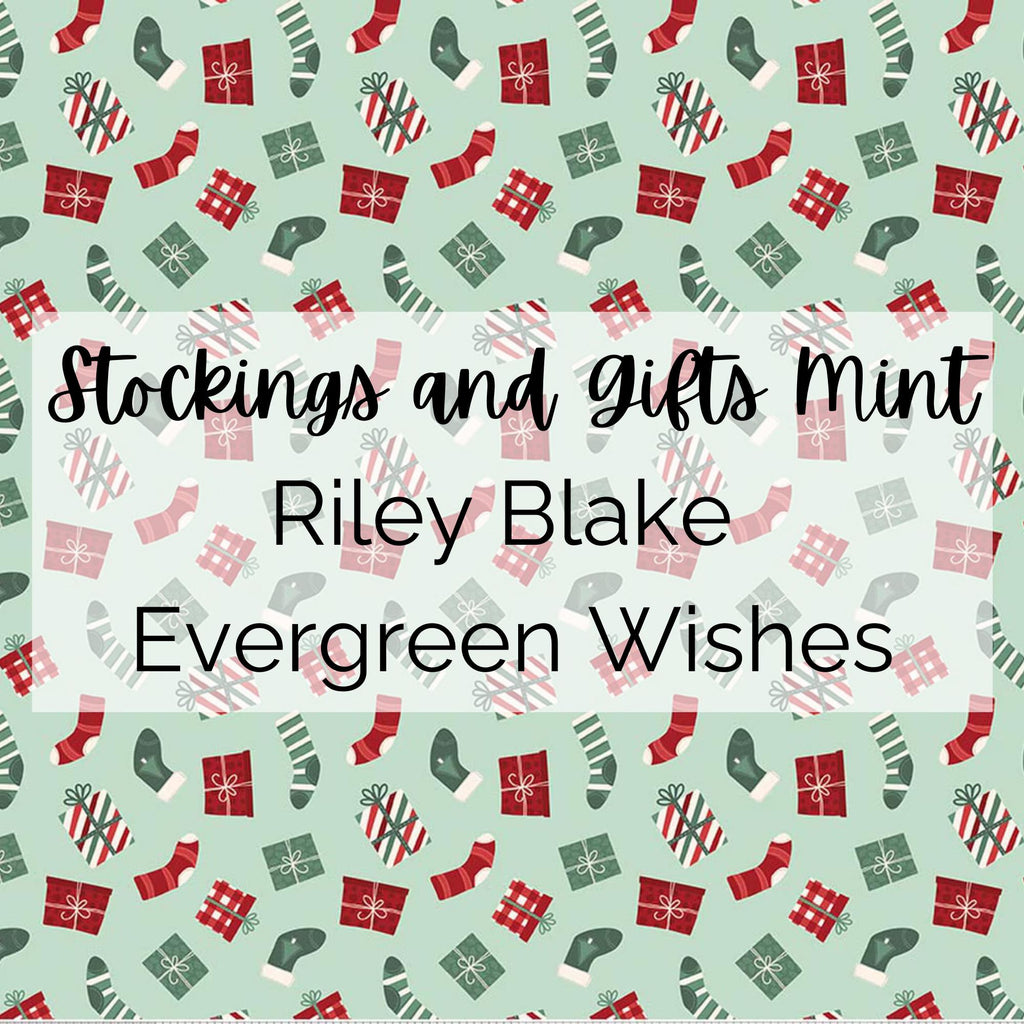 Evergreen Wishes/Stockings and Gifts Print (Mint) Fabric - Riley Blake Cotton, Quilting Fabric by the Yard