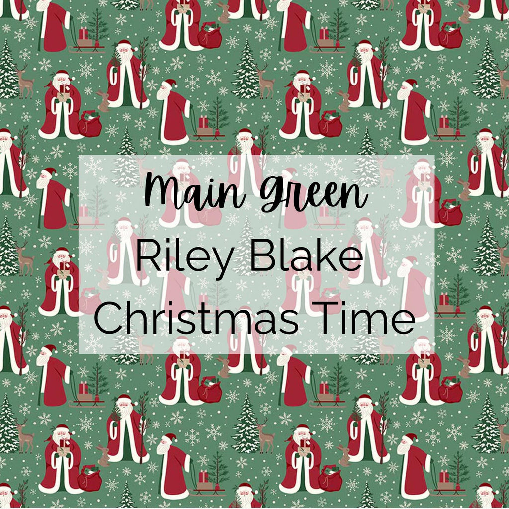 Christmas Time/Main Santa Print (Green) Fabric - Riley Blake Cotton, Quilting Fabric by the Yard